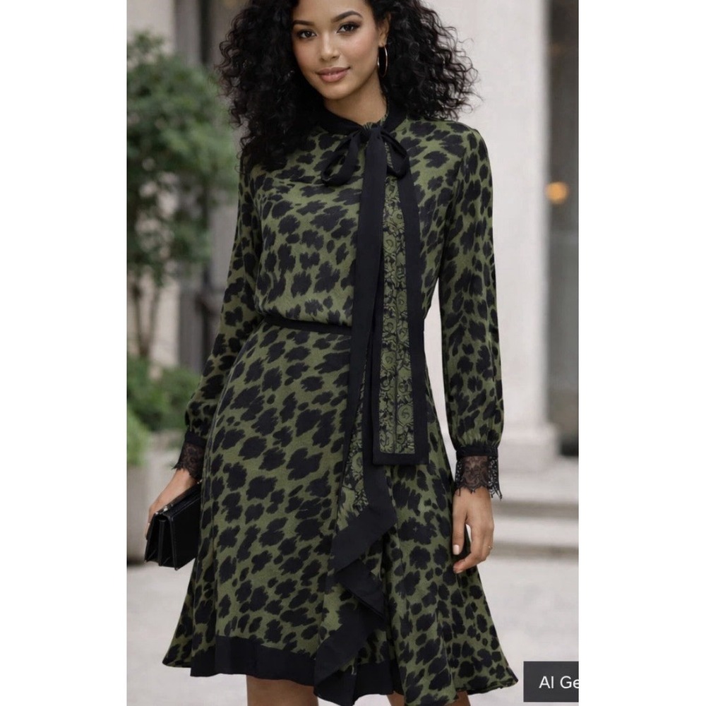 Reiss Katie‎ Animal Print Flippy Dress Green Black Long Sleeve Size 2 Loose Eye